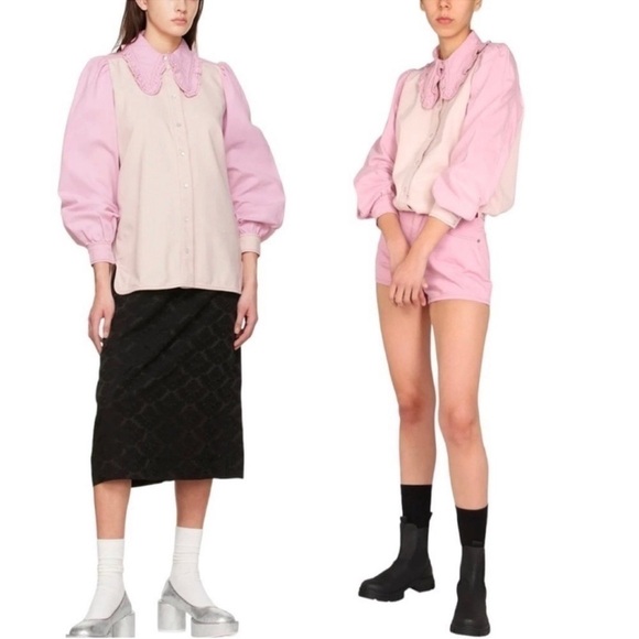 Ganni Ruffled Two-Tone Lilac Lavender Pink Denim Shirt Top Jacket Shacket NEW - Picture 4 of 12